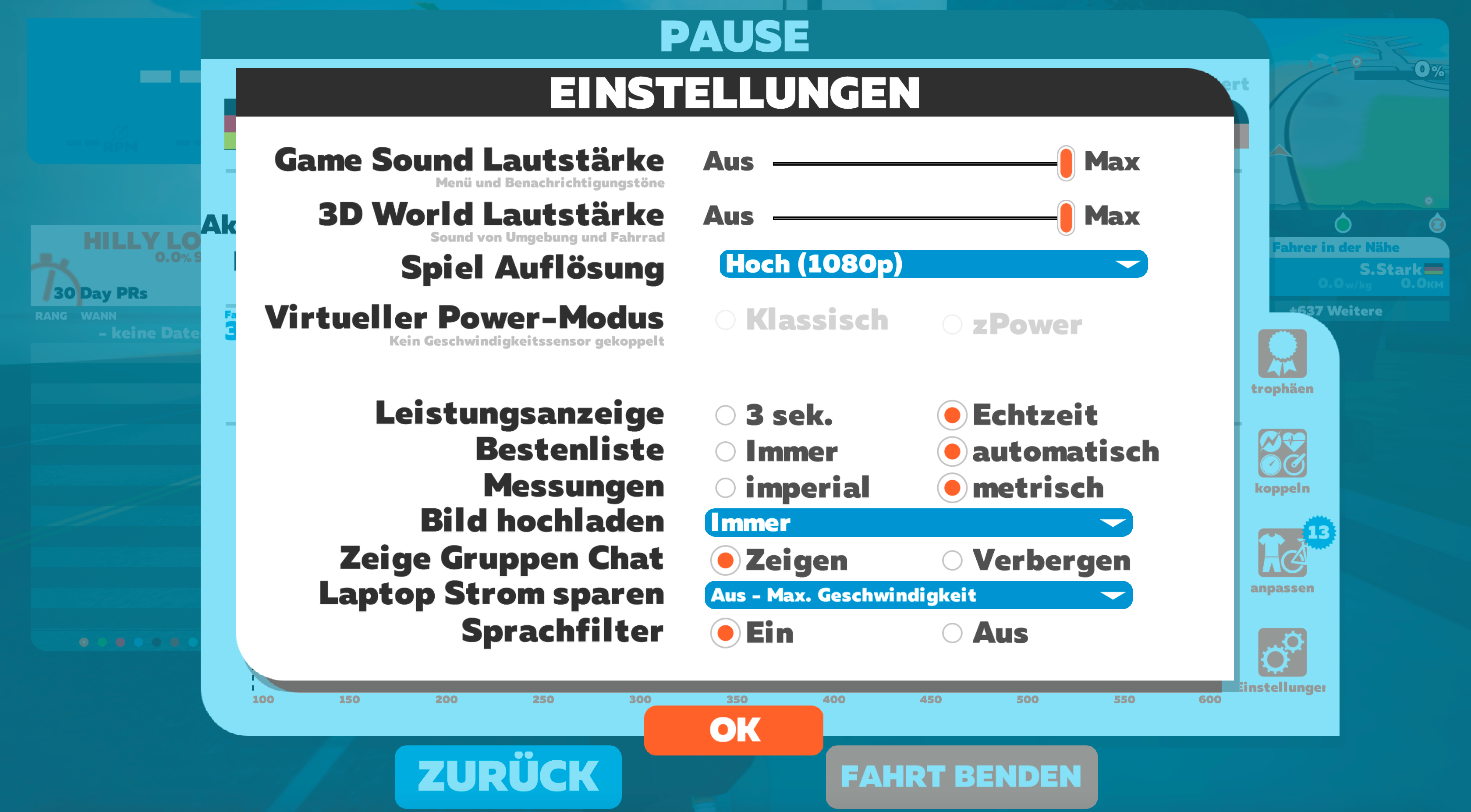 Einstellungen in Zwift vornehmen