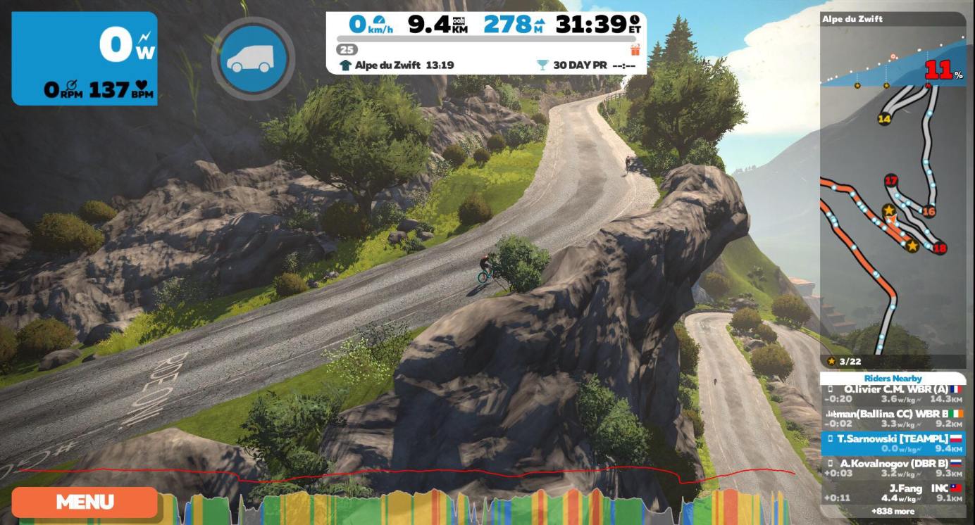 Alp du Zwift zeigt die verbleibenden Kehren an