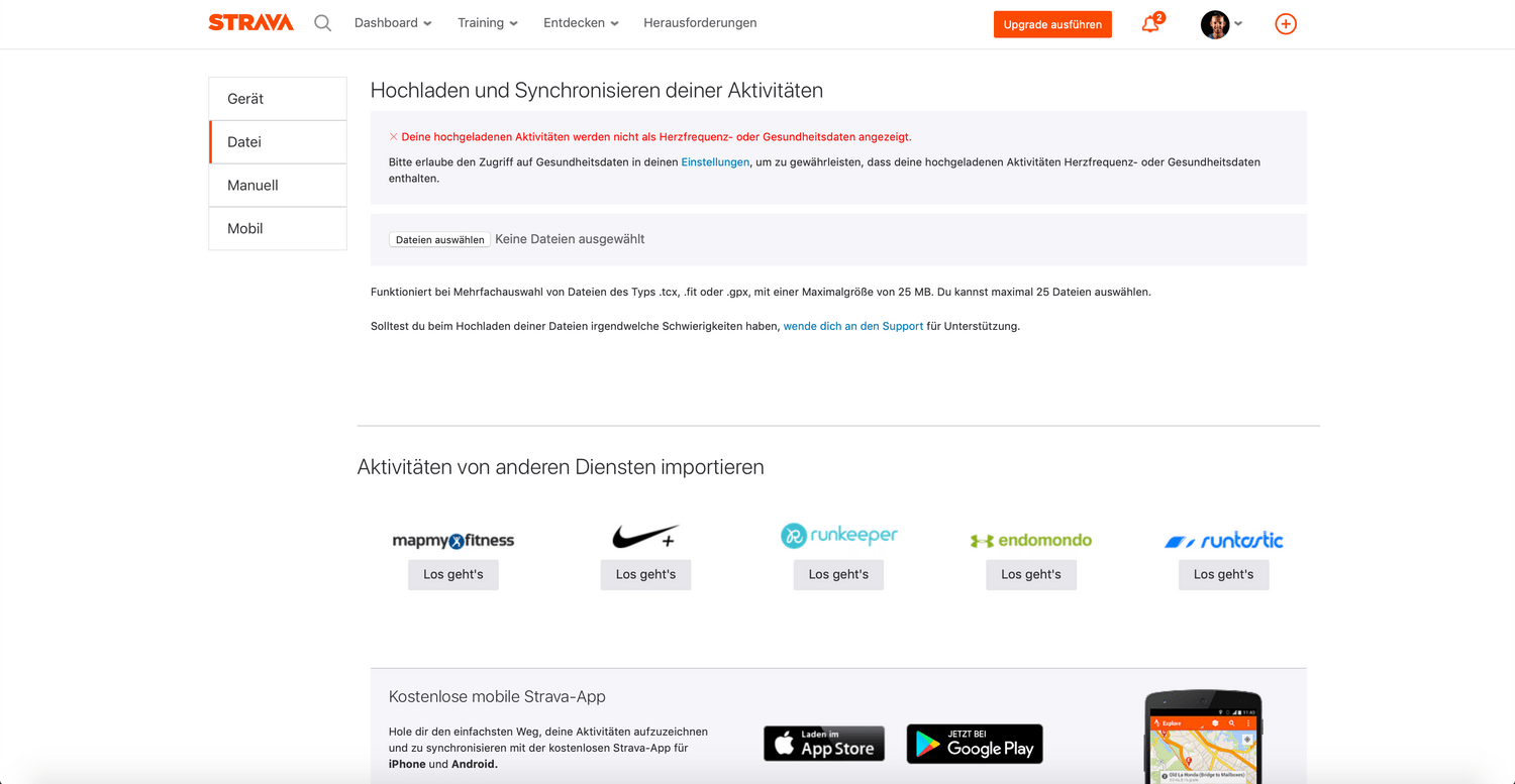 Strava Aktivität aus einer Datei Hochladen
