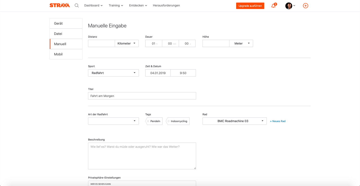 Strava Aktivität manuell eingeben