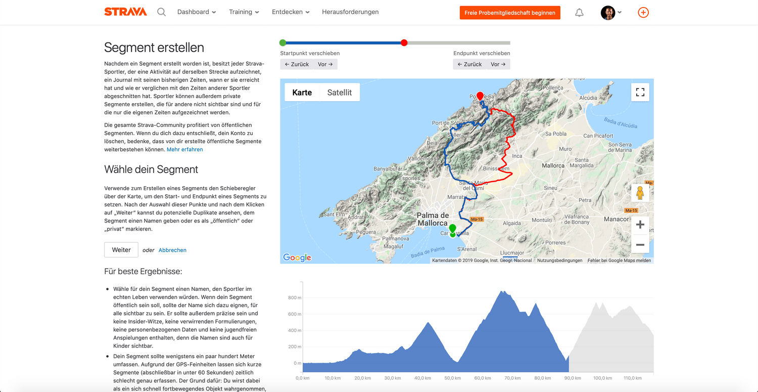 Strava Segment Start und Ende festlegen
