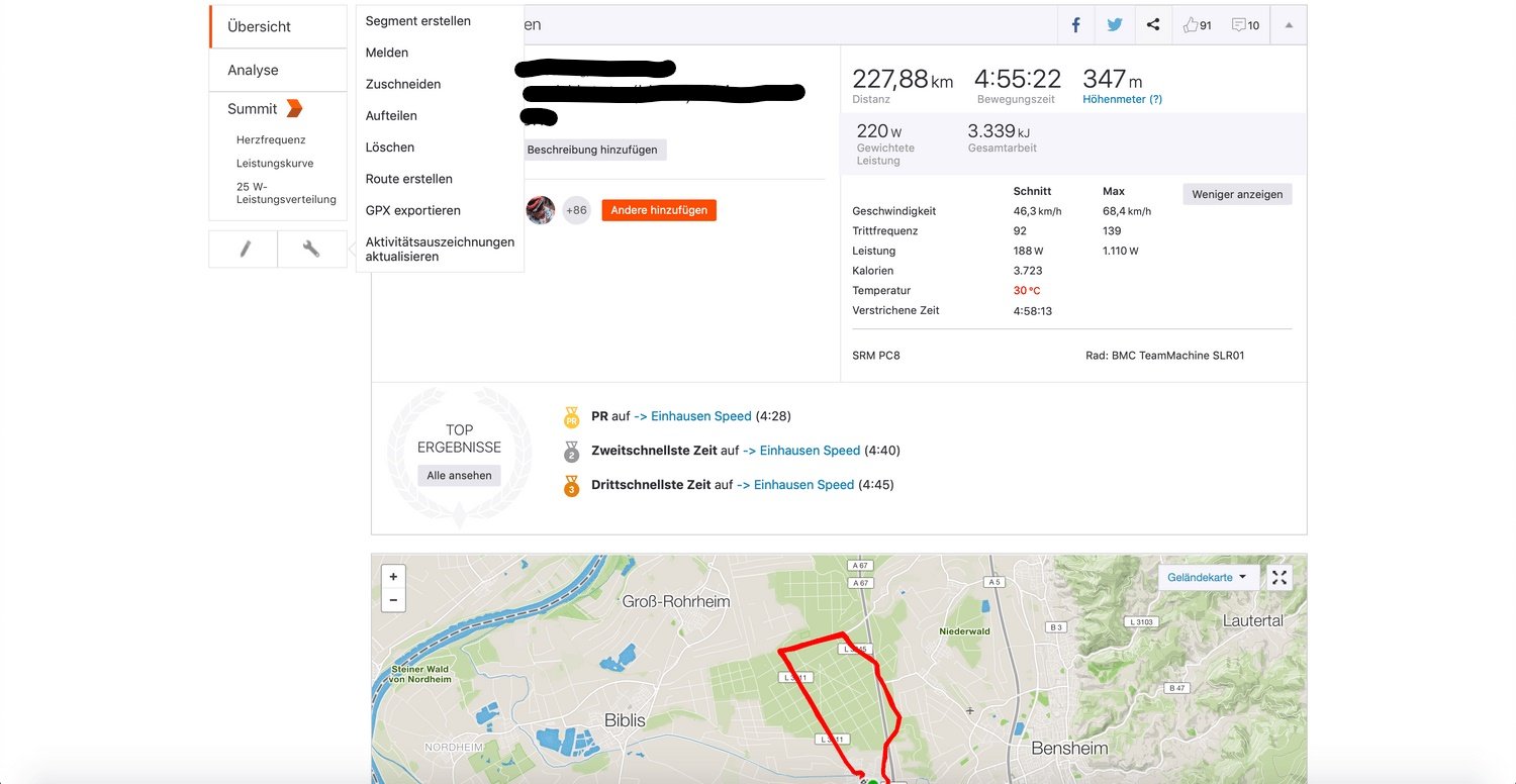 Strava Tools zur Bearbeitung der Trainingseinheit