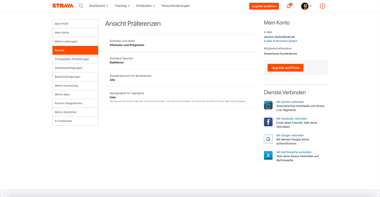 Strava Ansichteneinstellung für deinen Account