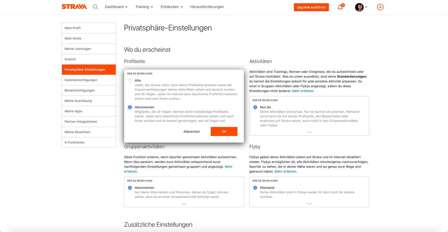 Strava Privatsphären Einstellung