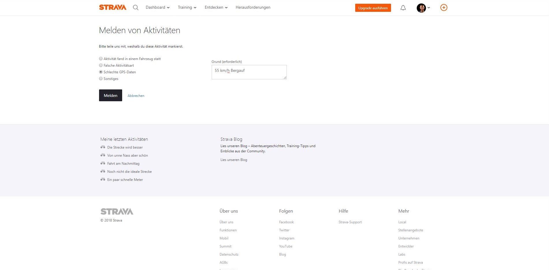 Strava Training flaggen Kommentar ergänzen